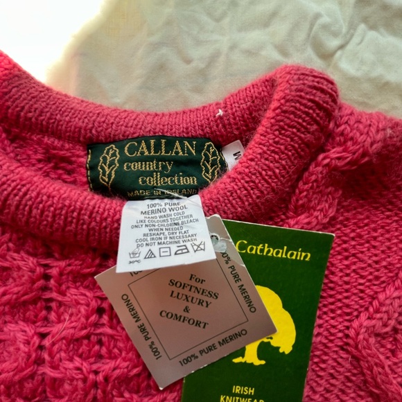 Pink Irish Cable Knit Crew Neck Sweater 100% wool NWT - Picture 2 of 4